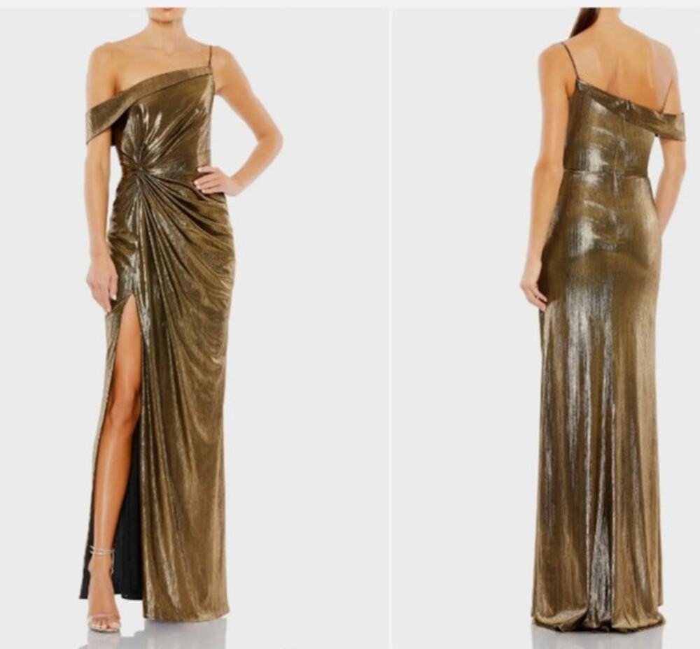IEENA for Mac Duggal Gold Metallic One-Shoulder Gown style 26728 size 8